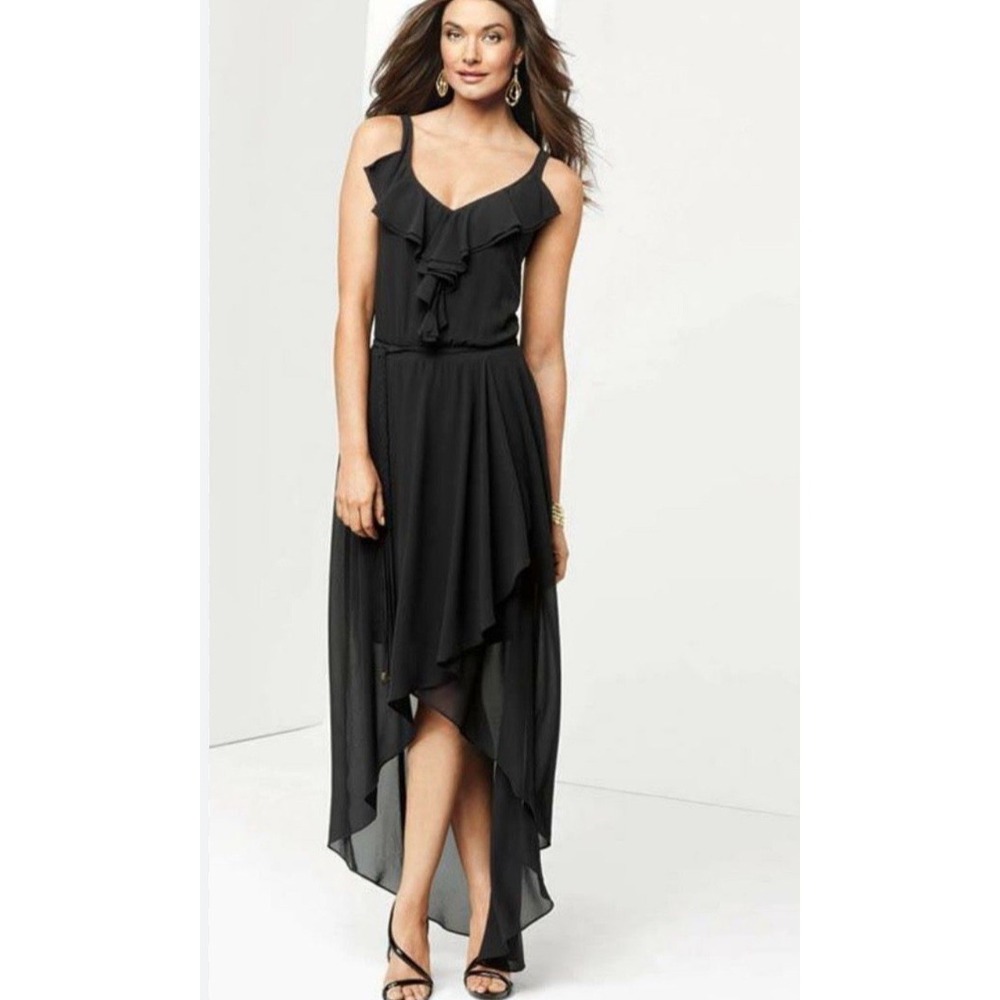 Cache Black Ruffle V-Neck High-Low Sleeveless Cocktail Dress Small Quiet Luxury